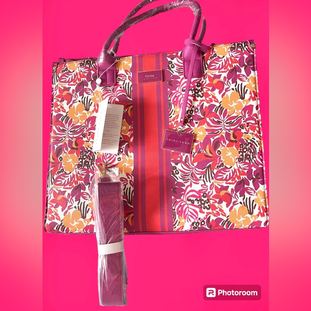 Trina Turk Tote Majorelle Garden New w/tags HUGE Floral Purple pink gold…